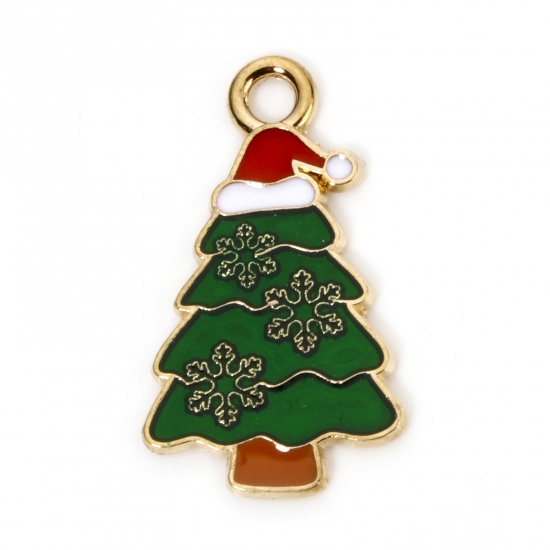 Picture of 10 PCs Zinc Based Alloy Christmas Charms Gold Plated Multicolor Christmas Tree Christmas Hats Enamel 22mm x 13mm