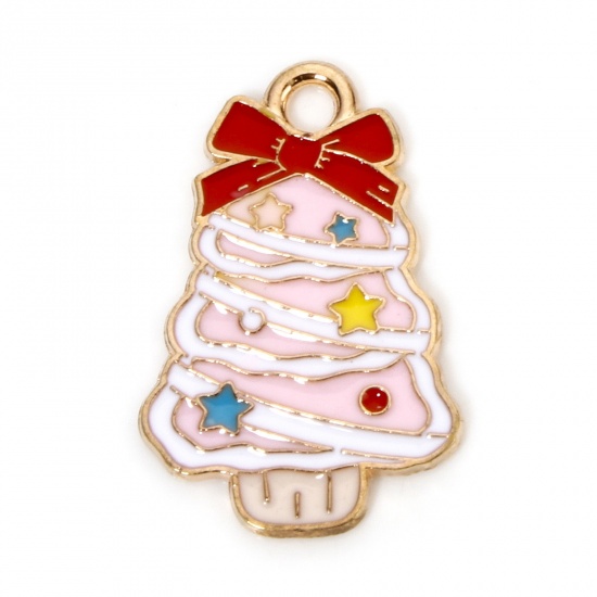 Picture of 10 PCs Zinc Based Alloy Christmas Charms Gold Plated Multicolor Christmas Tree Bowknot Enamel 22.5mm x 15mm