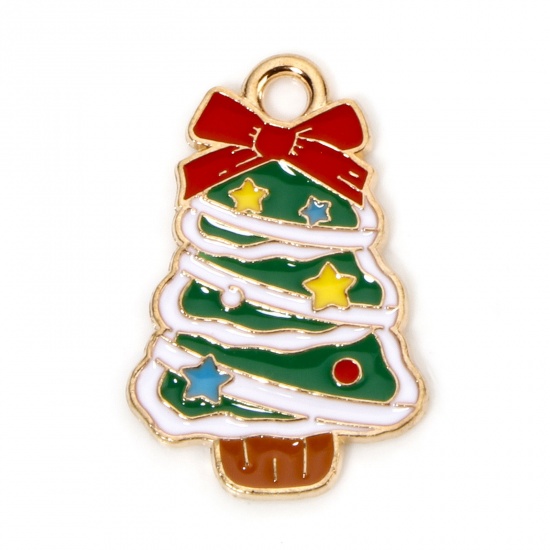 Picture of 10 PCs Zinc Based Alloy Christmas Charms Gold Plated Multicolor Christmas Tree Bowknot Enamel 22.5mm x 15mm