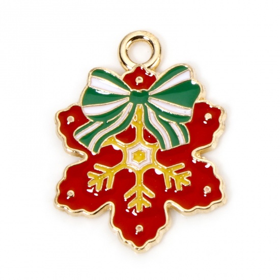 Picture of 10 PCs Zinc Based Alloy Christmas Charms Gold Plated Multicolor Christmas Snowflake Bowknot Enamel 22mm x 17mm