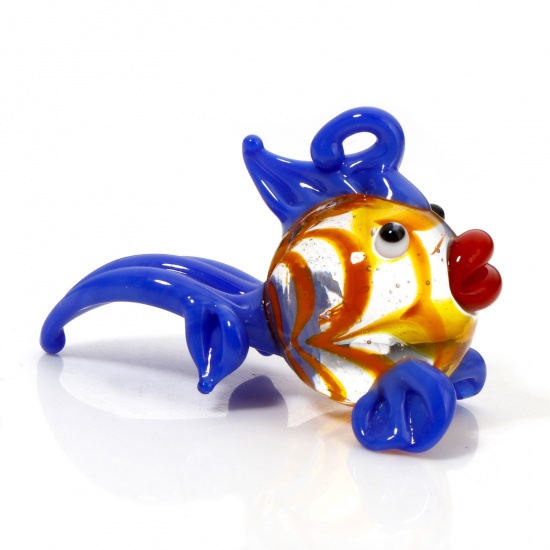 Picture of 1 Piece Lampwork Glass Ocean Jewelry Pendants Blue Goldfish 3D 4cm x 2.8cm