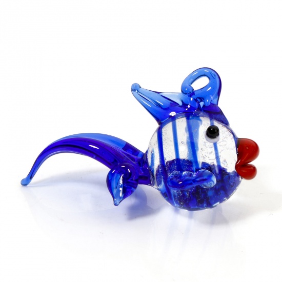 Picture of 1 Piece Lampwork Glass Ocean Jewelry Pendants Royal Blue Goldfish 3D 4.2cm x 2.5cm