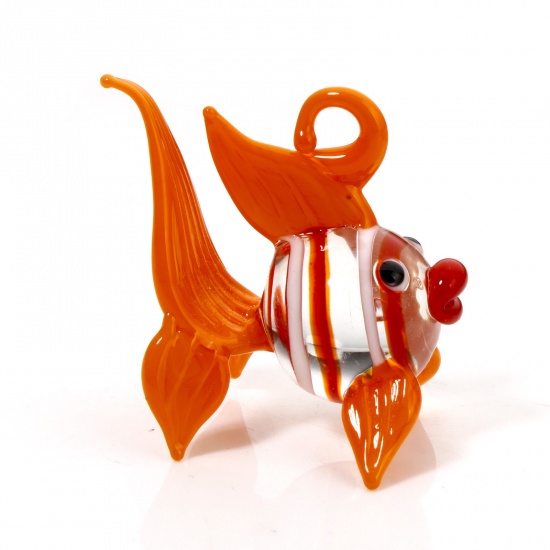 Picture of 1 Piece Lampwork Glass Ocean Jewelry Pendants Orange Goldfish 3D 3.6cm x 3.2cm