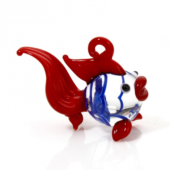 Picture of 1 Piece Lampwork Glass Ocean Jewelry Pendants Red Goldfish 3D 3.6cm x 3cm