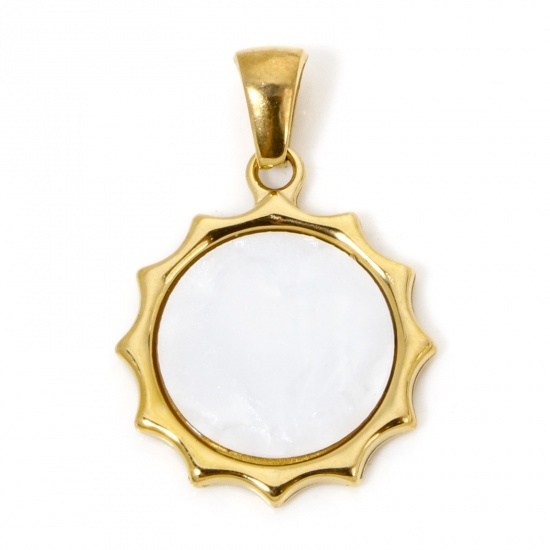 Picture of 1 Piece Eco-friendly Vacuum Plating 304 Stainless Steel & Natural Shell Galaxy Charme Pendant Gold Plated Sun Wave 27mm x 18.5mm