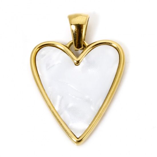 Picture of 1 Piece Eco-friendly Vacuum Plating 304 Stainless Steel & Natural Shell Valentine's Day Charme Pendant Gold Plated Heart 26mm x 18.5mm
