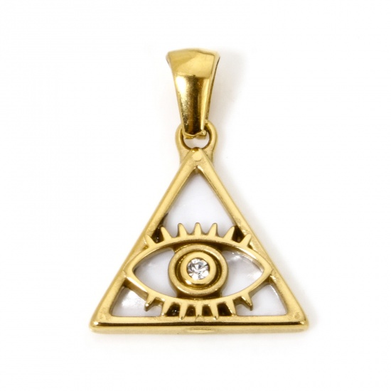 Picture of 1 Piece Eco-friendly Vacuum Plating 304 Stainless Steel & Natural Shell Religious Charme Pendant Gold Plated Evil Eye Clear Rhinestone 23mm x 17mm