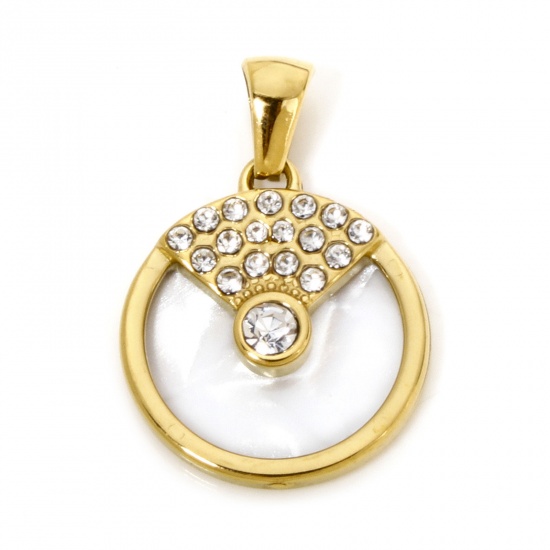 Picture of 1 Piece Eco-friendly Vacuum Plating 304 Stainless Steel & Natural Shell Geometric Charme Pendant Gold Plated Round Clear Rhinestone 25.5mm x 17.5mm
