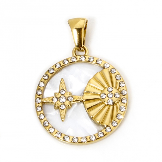 Picture of 1 Piece Eco-friendly Vacuum Plating 304 Stainless Steel & Natural Shell Galaxy Charme Pendant Gold Plated Round Star Clear Rhinestone 28mm x 19.5mm