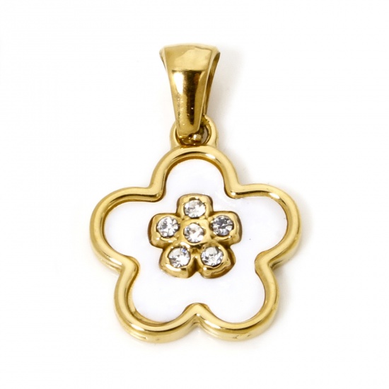 Picture of 1 Piece Eco-friendly Vacuum Plating 304 Stainless Steel & Natural Shell Flora Collection Charme Pendant Gold Plated Flower Clear Rhinestone 23mm x 15.5mm