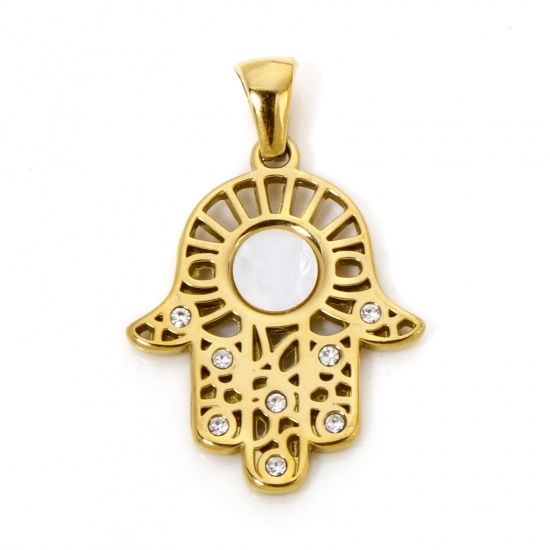 Picture of 1 Piece Eco-friendly Vacuum Plating 304 Stainless Steel & Natural Shell Religious Charme Pendant Gold Plated Hamsa Symbol Hand Clear Rhinestone 30.5mm x 20mm