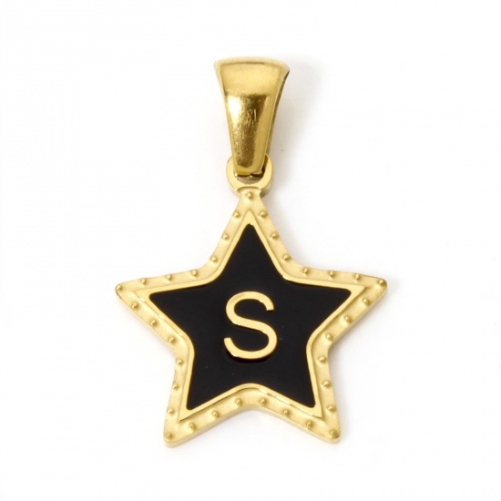 Image de 1 Pièce Pendentif Breloque en 304 Acier Inoxydable Placage Sous Vide Écologique Doré Noir Etoile Alphabet Initial/ Lettre Majuscule Gravé Mots " S " Émail 22.5mm x 15.5mm 
