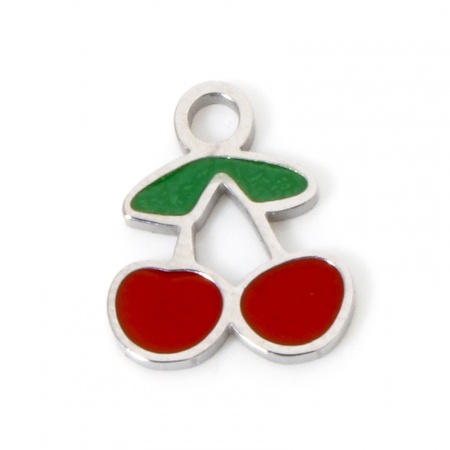 Picture of 1 Piece Hypoallergenic 304 Stainless Steel Charmes Silver Tone Cherry Fruit Enamel 9.5mm x 8mm