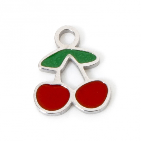 Image de 1 Pièce Breloques en 304 Acier Inoxydable Hypoallergénique Cerise Argent Mat Émail 9.5mm x 8mm