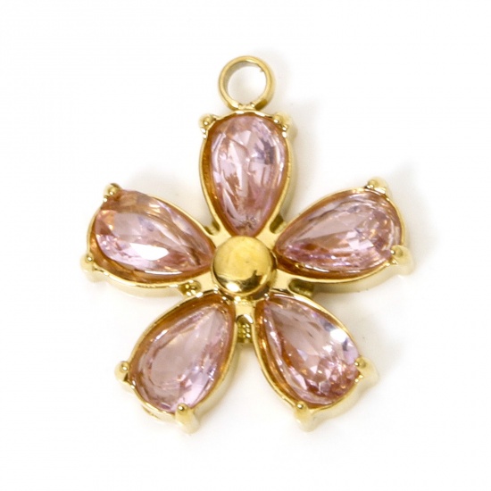 Image de 1 Pièce Breloques en 304 Acier Inoxydable Placage Sous Vide Écologique Fleur Doré à Strass Rose 16mm x 14mm