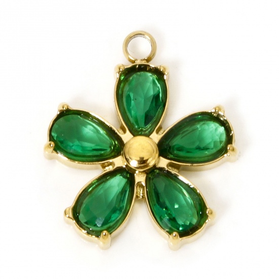 Image de 1 Pièce Breloques en 304 Acier Inoxydable Placage Sous Vide Écologique Fleur Doré à Strass Vert 16mm x 14mm