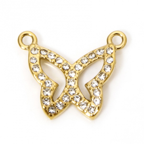 Image de 1 Pièce Breloques en 304 Acier Inoxydable Placage Sous Vide Écologique Insecte Papillon Doré à Strass Transparent 16.5mm x 13.5mm
