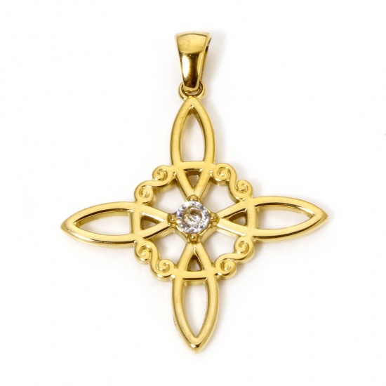 Image de 1 Pièce Pendentifs en 304 Acier Inoxydable Placage Sous Vide Écologique Nœud celtique Doré à Strass Transparent 38mm x 30mm