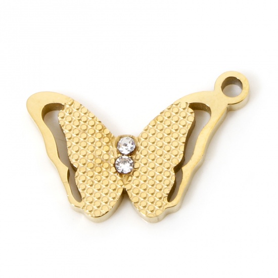 Image de 1 Pièce Breloques en 304 Acier Inoxydable Placage sous Vide Papillon Plaqué Or 18K à Strass Transparent 15mm x 10.5mm