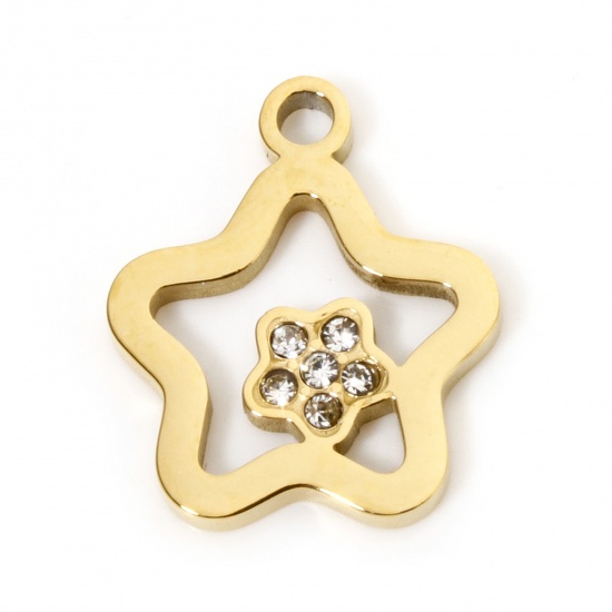Image de 1 Pièce Breloques en 304 Acier Inoxydable Revêtement sous Vide PVD Respectueux de l'Environnement Galaxie Plaqué Or 18K Etoile à Strass Transparent 16mm x 13.5mm