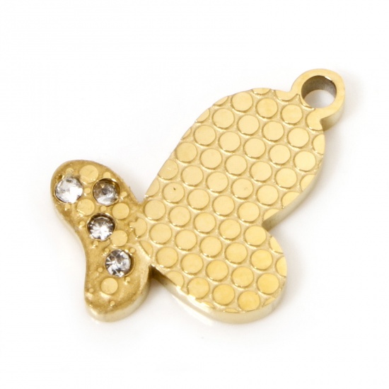 Image de 1 Pièce Breloques en 304 Acier Inoxydable Placage sous Vide Papillon Plaqué Or 18K à Strass Transparent 14mm x 13mm