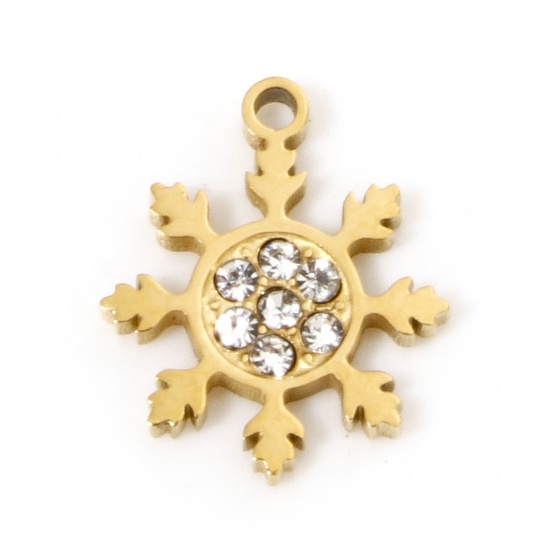 Image de 1 Pièce Breloques en 304 Acier Inoxydable Revêtement sous Vide PVD Respectueux de l'Environnement Plaqué Or 18K Flocon de Neige de Noël à Strass Transparent 11mm x 9.5mm