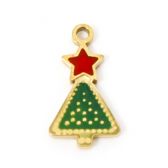 Picture of 1 Piece Vacuum Plating 304 Stainless Steel Charms 18K Gold Plated Christmas Tree Enamel 14mm x 7.5mm