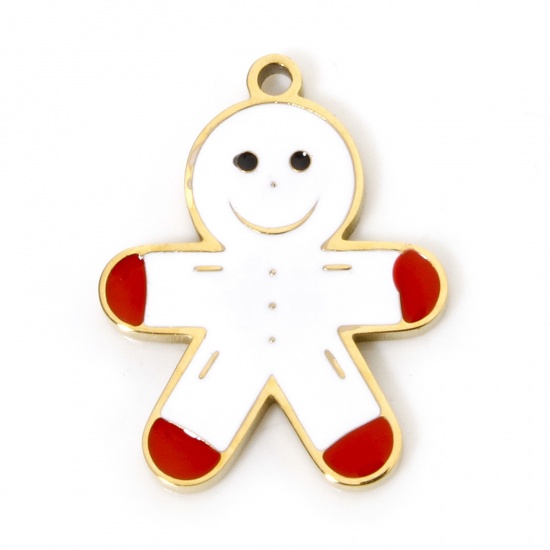 Picture of 1 Piece Vacuum Plating 304 Stainless Steel Charms 18K Gold Plated Christmas Gingerbread Man Enamel 16mm x 12mm