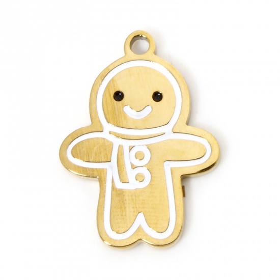 Picture of 1 Piece Vacuum Plating 304 Stainless Steel Charms 18K Gold Plated Christmas Gingerbread Man Enamel 16.5mm x 12mm