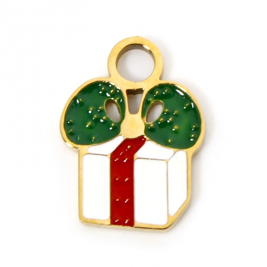 Picture of 1 Piece Vacuum Plating 304 Stainless Steel Charms 18K Gold Plated Christmas Gift Box Enamel 14mm x 10mm