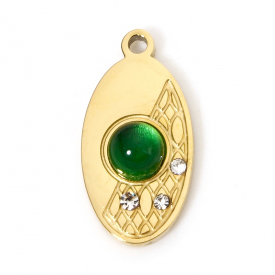 Immagine di 1 Pz Placcatura Sottovuoto PVD Ecologica 304 Acciaio Inossidabile Ciondoli Placcato Oro 18K Ovale Verde Strass 16mm x 8mm