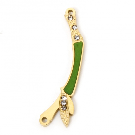 Immagine di 1 Pz Placcatura Sottovuoto 304 Acciaio Inossidabile Ciondoli Forma di Bambù Placcato Oro 18K Verde Smalto 3cm x 0.8cm