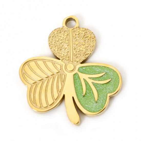 Immagine di 1 Pz Placcatura Sottovuoto 304 Acciaio Inossidabile Ciondoli Trifoglio Placcato Oro 18K Verde Smalto 17mm x 16mm