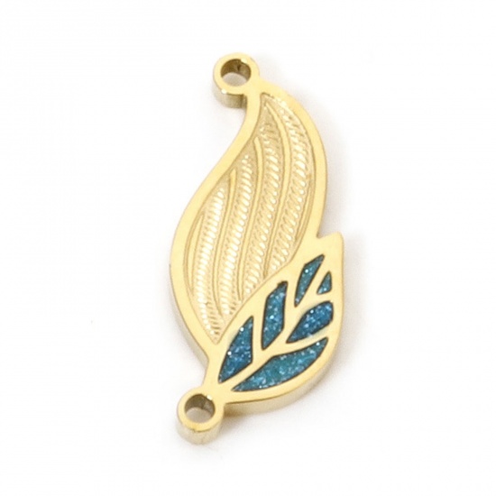 Immagine di 1 Pz Placcatura Sottovuoto 304 Acciaio Inossidabile Ciondoli Foglia Placcato Oro 18K Blu Scuro Smalto 16mm x 7mm