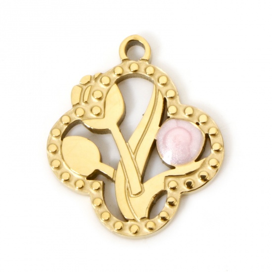 Immagine di 1 Pz Placcatura Sottovuoto 304 Acciaio Inossidabile Ciondoli Fiore Placcato Oro 18K Fiore del Tulipano Smalto 17mm x 14.5mm