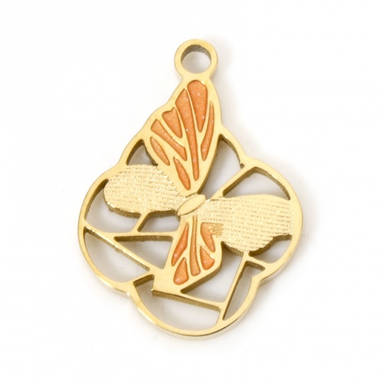 Immagine di 1 Pz Placcatura Sottovuoto 304 Acciaio Inossidabile Ciondoli Fiore Placcato Oro 18K Farfalla Smalto 16mm x 12mm