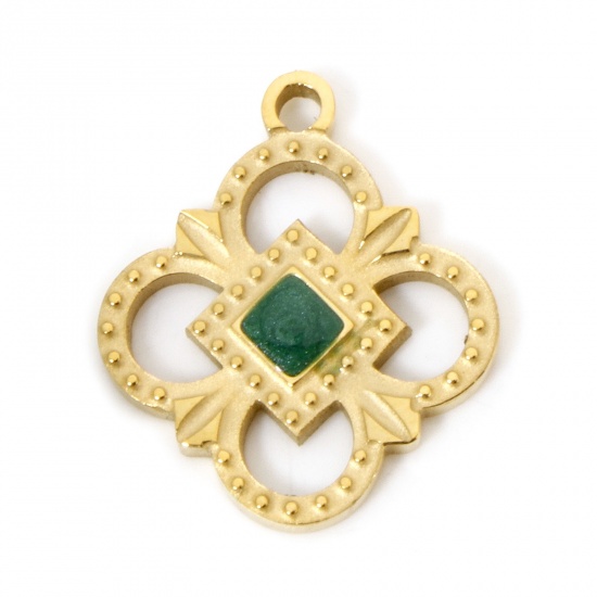 Picture of 1 Piece Vacuum Plating 304 Stainless Steel Charms 18K Gold Plated Green Flower Enamel 17mm x 14mm