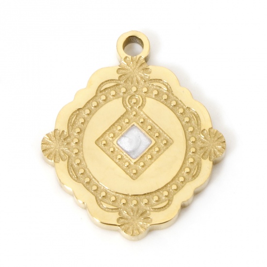 Picture of 1 Piece Vacuum Plating 304 Stainless Steel Charms 18K Gold Plated White Rhombus Enamel 16mm x 14mm