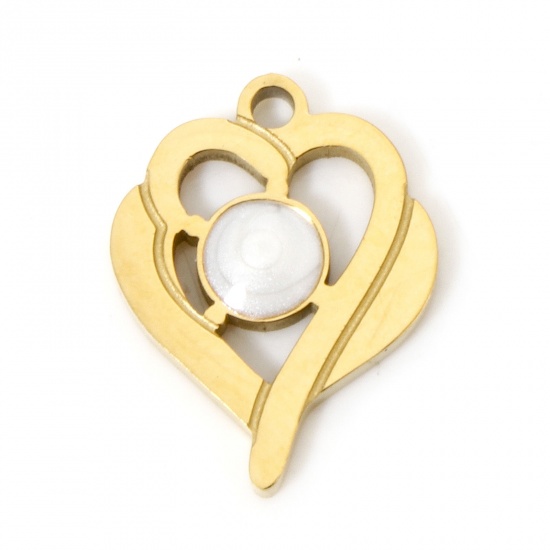 Picture of 1 Piece Vacuum Plating 304 Stainless Steel Charms 18K Gold Plated White Heart Enamel 16mm x 12.5mm