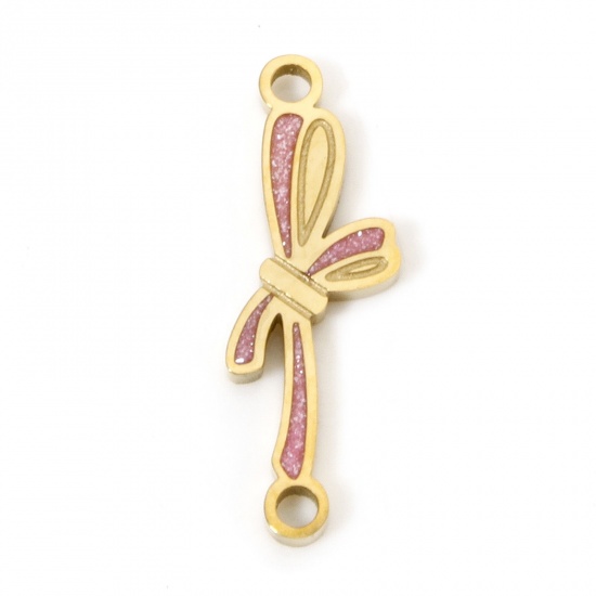 Picture of 1 Piece Vacuum Plating 304 Stainless Steel Charms 18K Gold Plated Pink Bowknot Enamel 19mm x 6mm