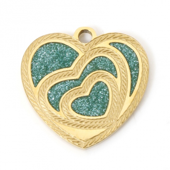 Picture of 1 Piece Vacuum Plating 304 Stainless Steel Charms 18K Gold Plated Green Heart Enamel 17mm x 16mm