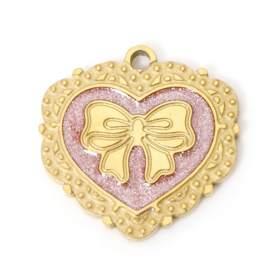 Picture of 1 Piece Vacuum Plating 304 Stainless Steel Charms 18K Gold Plated Pink Heart Bowknot Enamel 16.5mm x 16mm