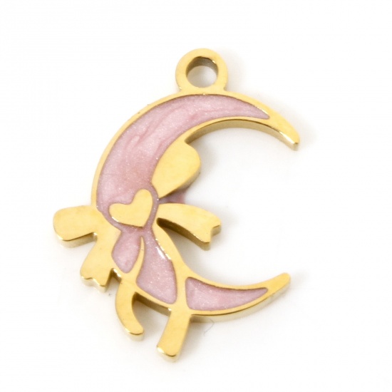 Picture of 1 Piece Vacuum Plating 304 Stainless Steel Charms 18K Gold Plated Pink Half Moon Bowknot Enamel 16mm x 12.5mm