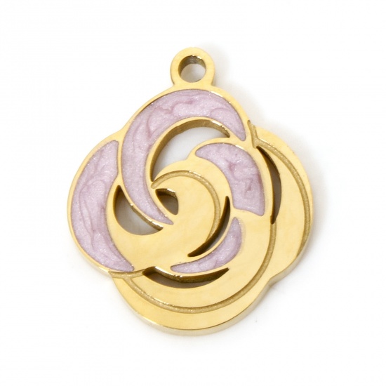 Picture of 1 Piece Vacuum Plating 304 Stainless Steel Charms 18K Gold Plated Mauve Flower Enamel 17mm x 14mm