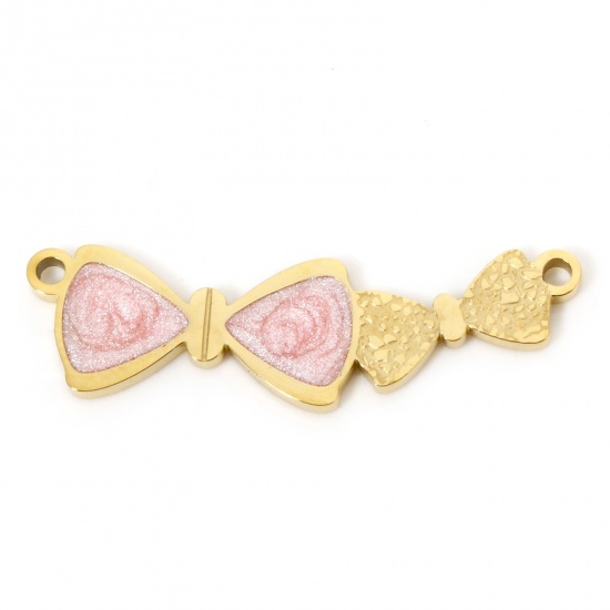 Picture of 1 Piece Vacuum Plating 304 Stainless Steel Charms 18K Gold Plated Orange Pink Bowknot Enamel 3cm x 0.9cm