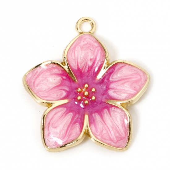 Picture of 5 PCs Zinc Based Alloy Charms Gold Plated Gradient Color Pink Pearlized Flower Enamel 27.5mm x 25mm