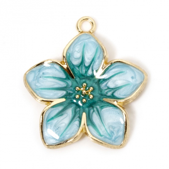 Picture of 5 PCs Zinc Based Alloy Charms Gold Plated Gradient Color Green Pearlized Flower Enamel 27.5mm x 25mm