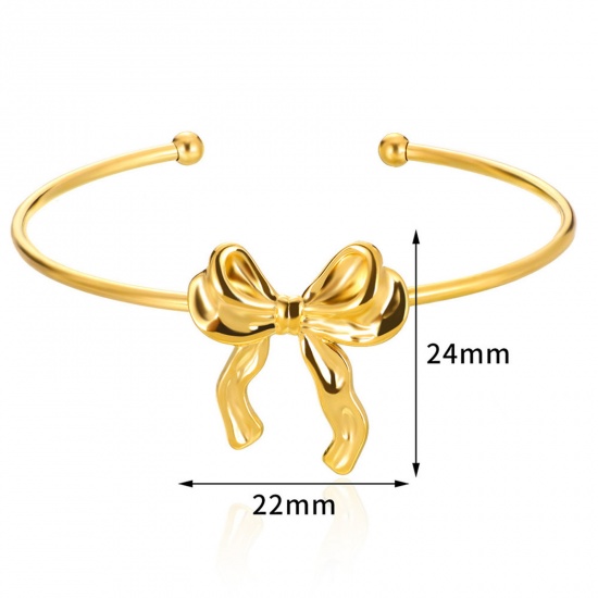 Picture of 1 Piece Vacuum Plating 304 Stainless Steel Open Cuff Bangles Bracelets Gold Plated Bowknot 5.5cm Dia.