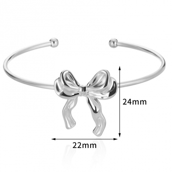 Picture of 1 Piece 304 Stainless Steel Open Cuff Bangles Bracelets Silver Tone Bowknot 5.5cm Dia.