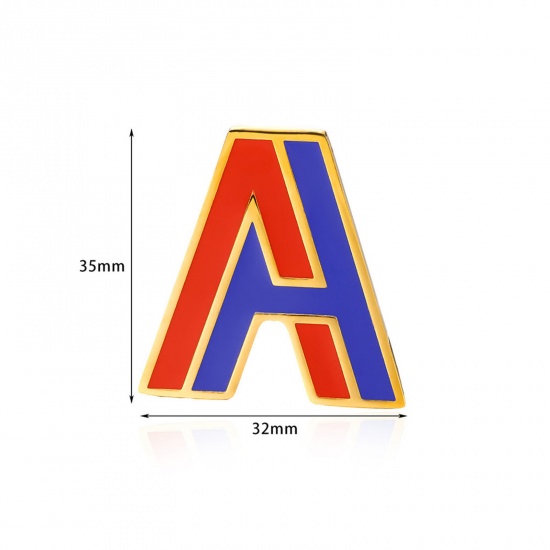 Picture of 1 Piece Vacuum Plating 304 Stainless Steel Pin Brooches Gold Plated Capital Alphabet Initial Letter Enamel Message " A " 33mm x 34mm